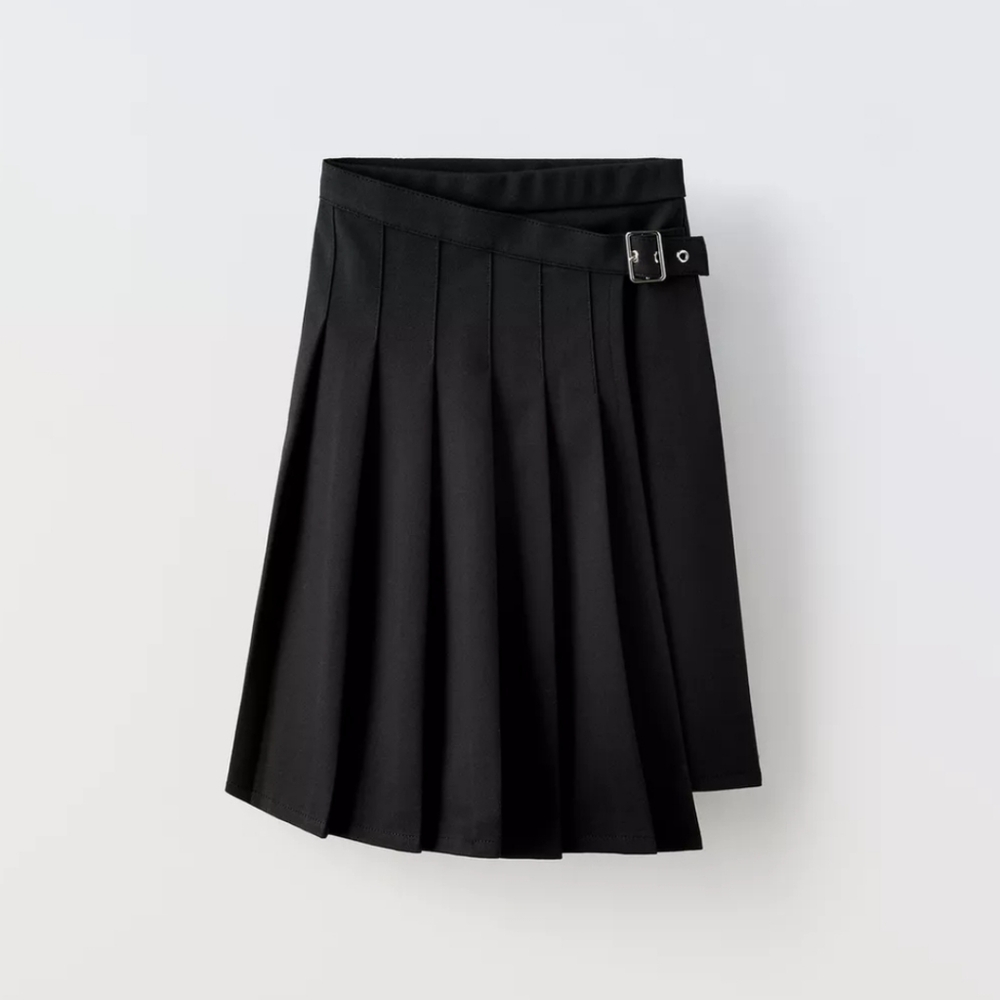 Zara Girls Black Buckled Box Pleat Midi Skirt Size 8